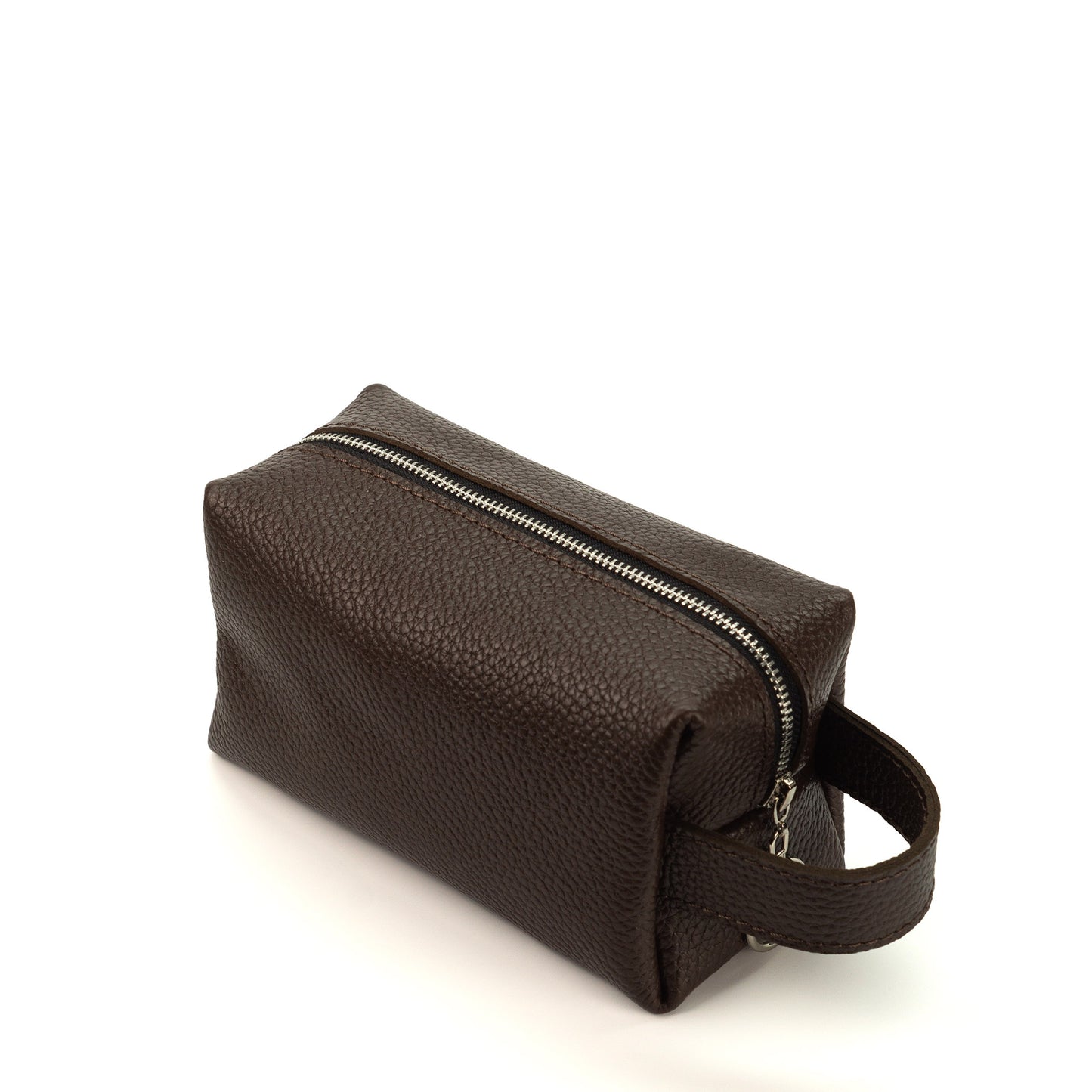 Brown leather toiletry bag with a zipper on a white background