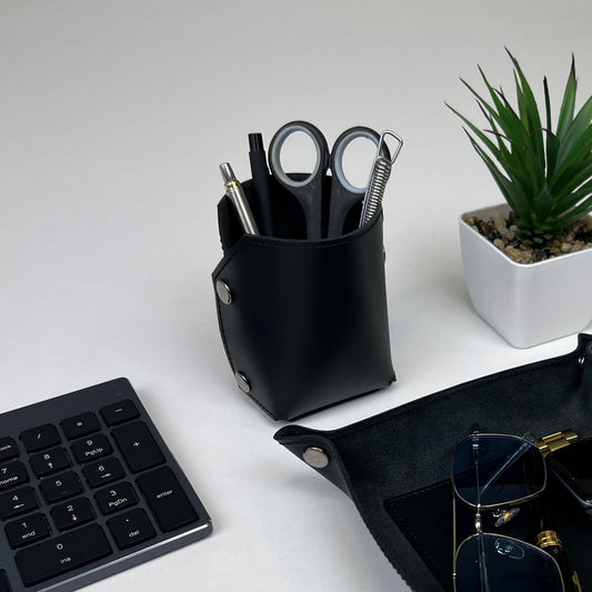 Black Leather Organizer For Pens, Brushes & Desk Accessories - Pache