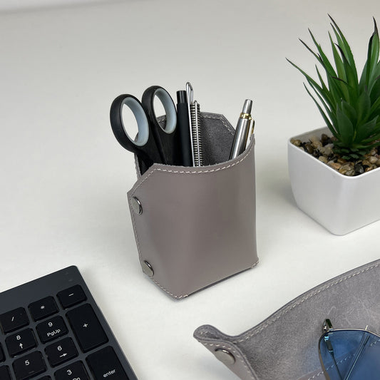 Gray Leather Organizer For Pens, Brushes & Desk Accessories - Pache