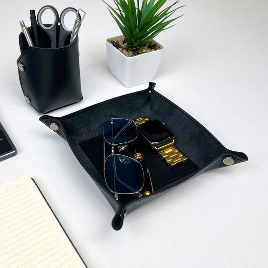Black Leather Desk Organizer For Keys, Glasses And Small Items - Pache