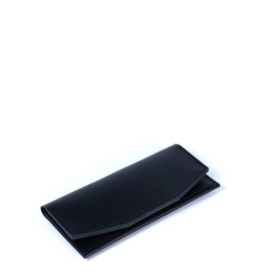 Black slim leather wallet for women, minimalist handmade wallet, angled view