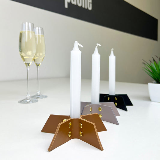 Set of Two Brown Leather Candle Holders - Handmade Minimalist Decor - Pache