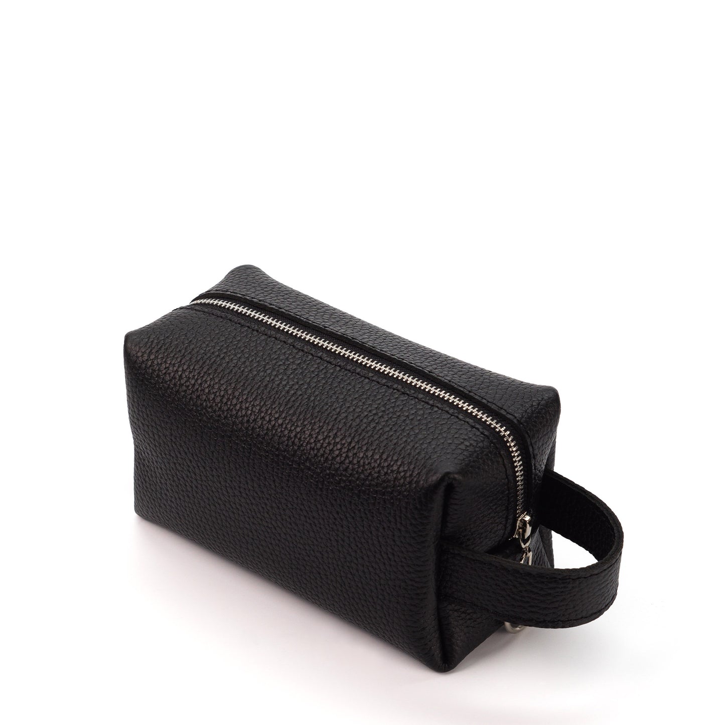 Black textured toiletry bag with a zipper on a white background