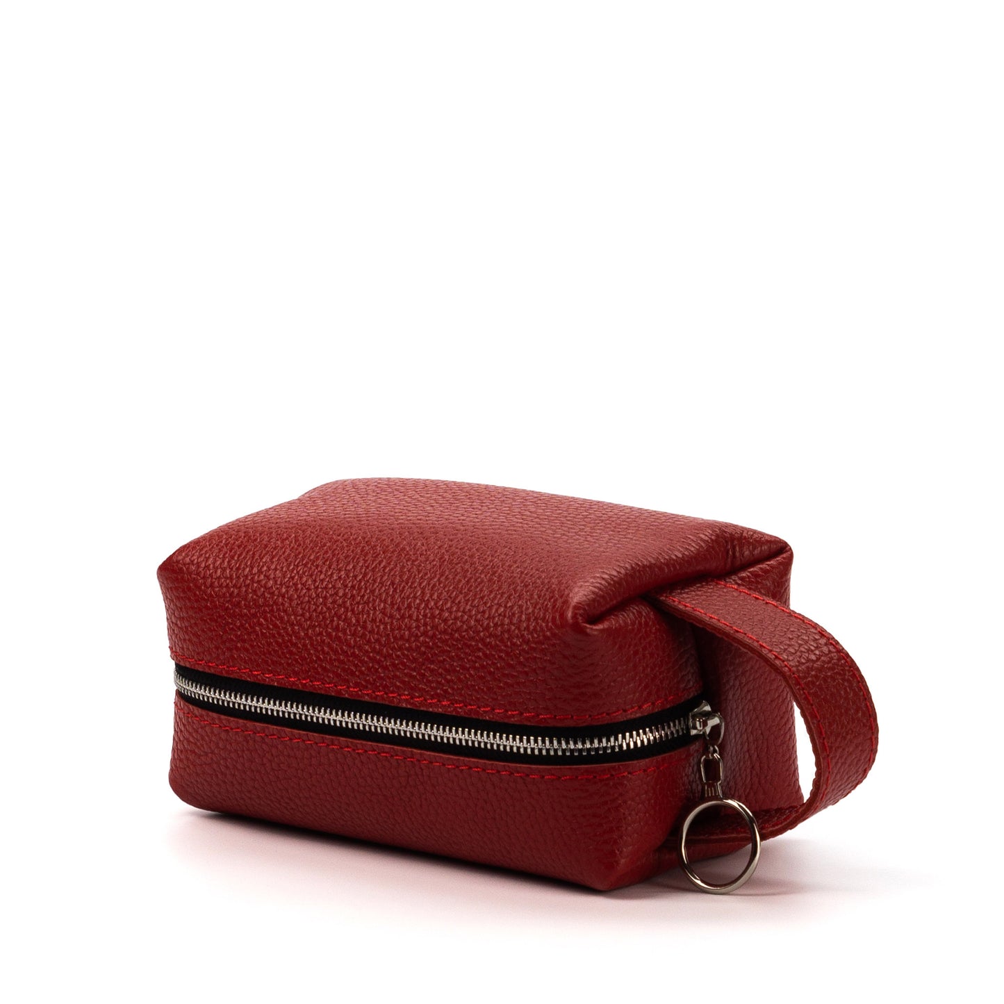 Red leather pouch with a zipper on a white background