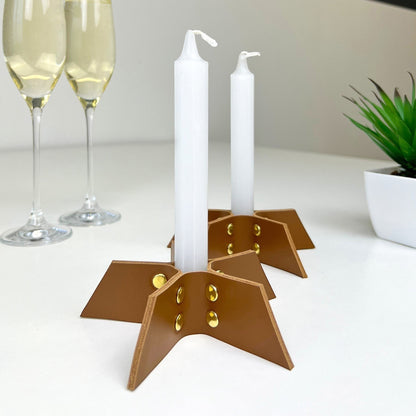 Set of Two Brown Leather Candle Holders - Handmade Minimalist Decor - Pache