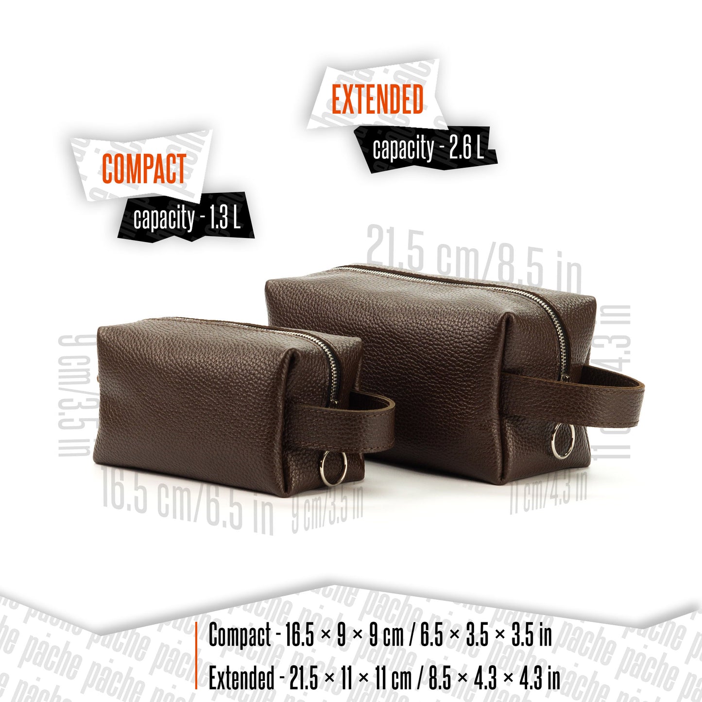 Two brown leather toiletry bags with capacity labels on a white background