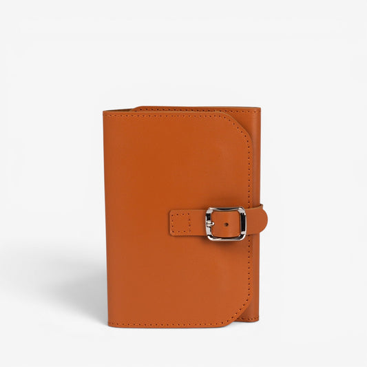 Cognac brown Elin jewelry roll open with necklace holders and ring sections