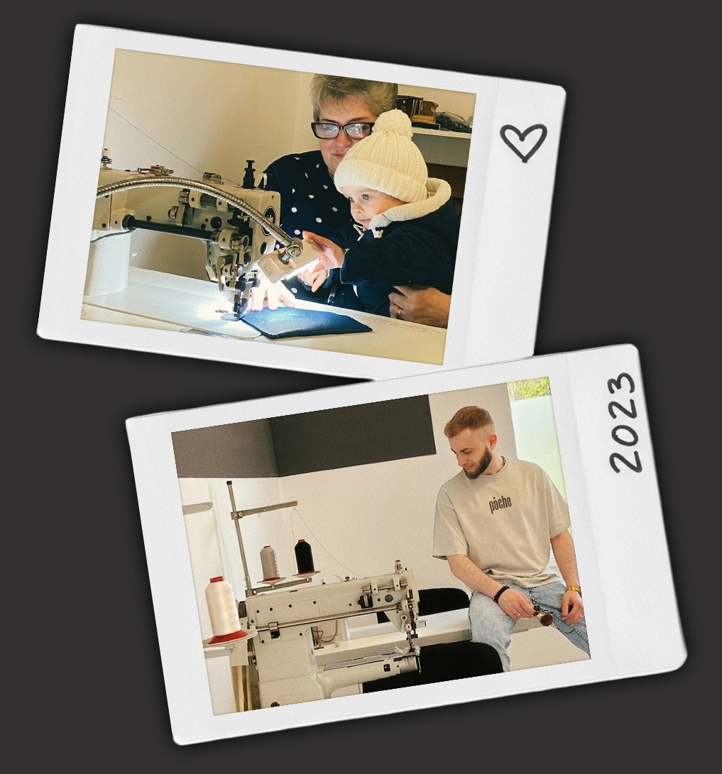Two Polaroid-style photos showing a person with a child at a sewing machine and a man working on a sewing machine, with '2023' printed on one photo.