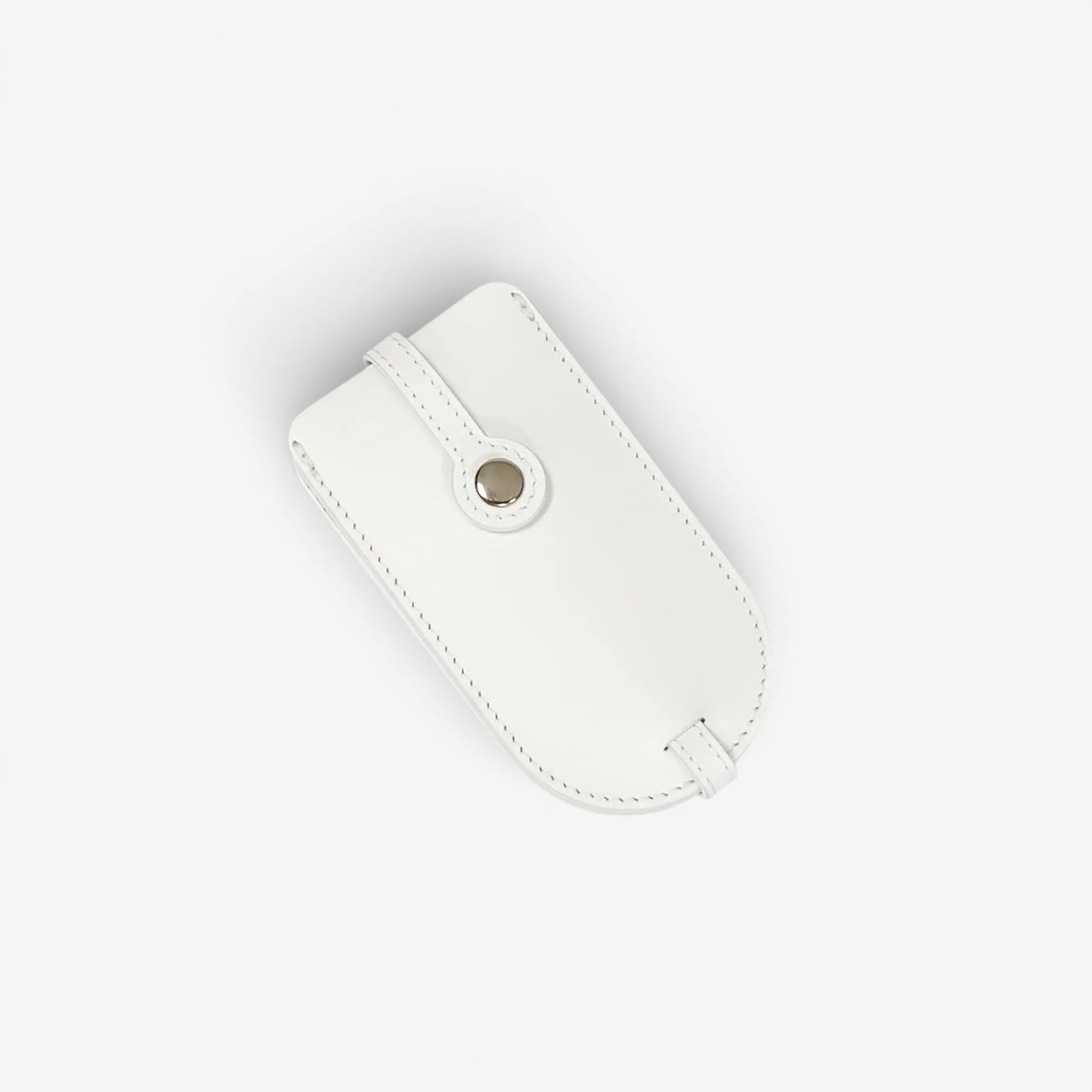 White leather pouch with a strap on a white background