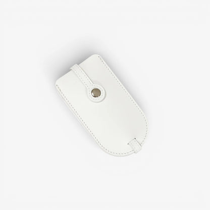 White leather pouch with a strap on a white background
