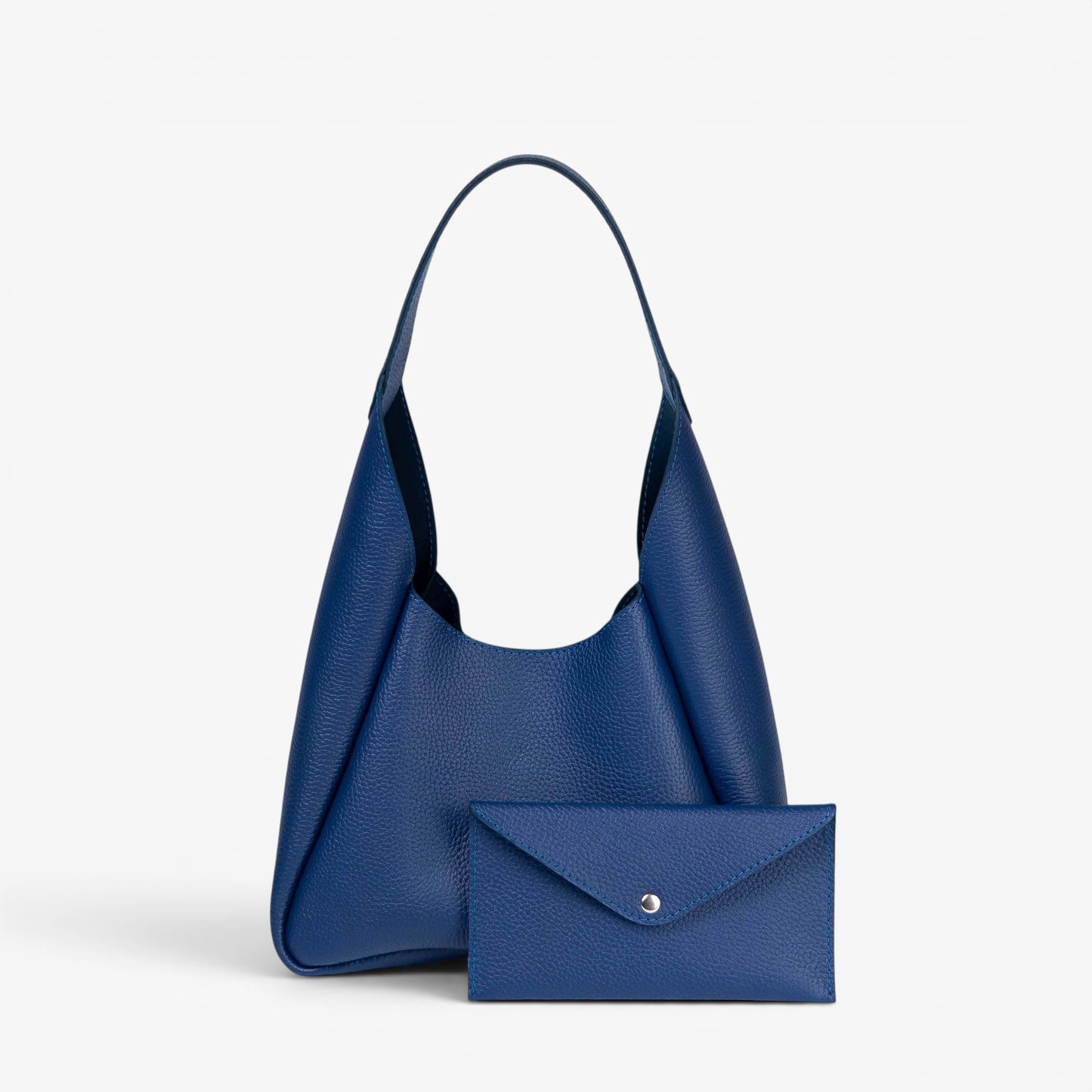 Pache blue pebbled leather hobo bag with matching wallet, magnetic closure, everyday style.