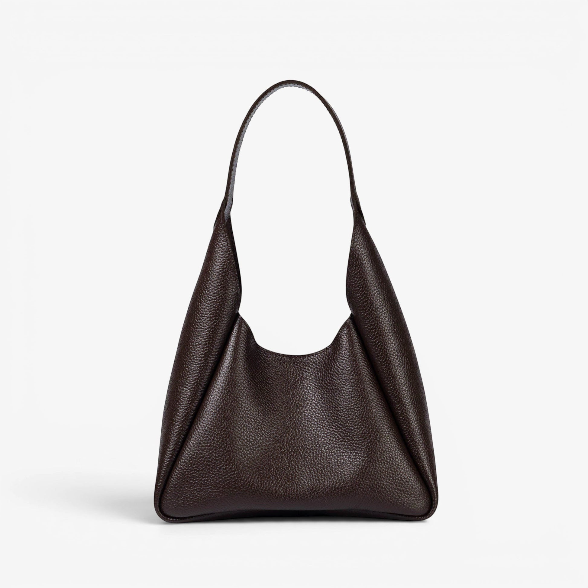 Pache Torba hobo bag in chocolate brown pebbled leather with a slouchy silhouette and magnetic closure. Includes matching wallet.