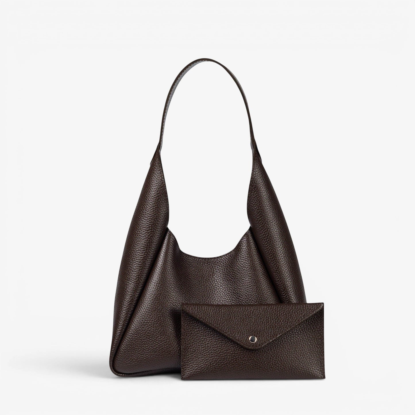 Pache Torba chocolate brown pebbled leather hobo bag with matching wallet, magnetic closure, everyday style.