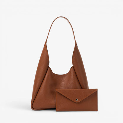 Pache Torba hobo bag in chocolate brown pebbled leather with matching wallet. Magnetic closure.