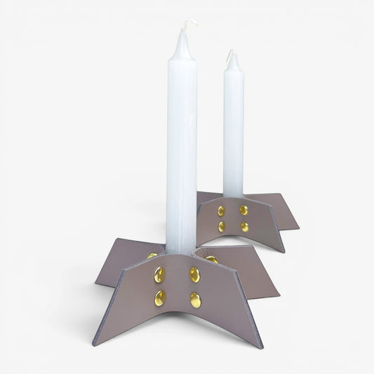 Pache gray leather candle holder set, minimalist design, handmade from 5 parts with gold rivets, fits 1.5-2 cm candles.