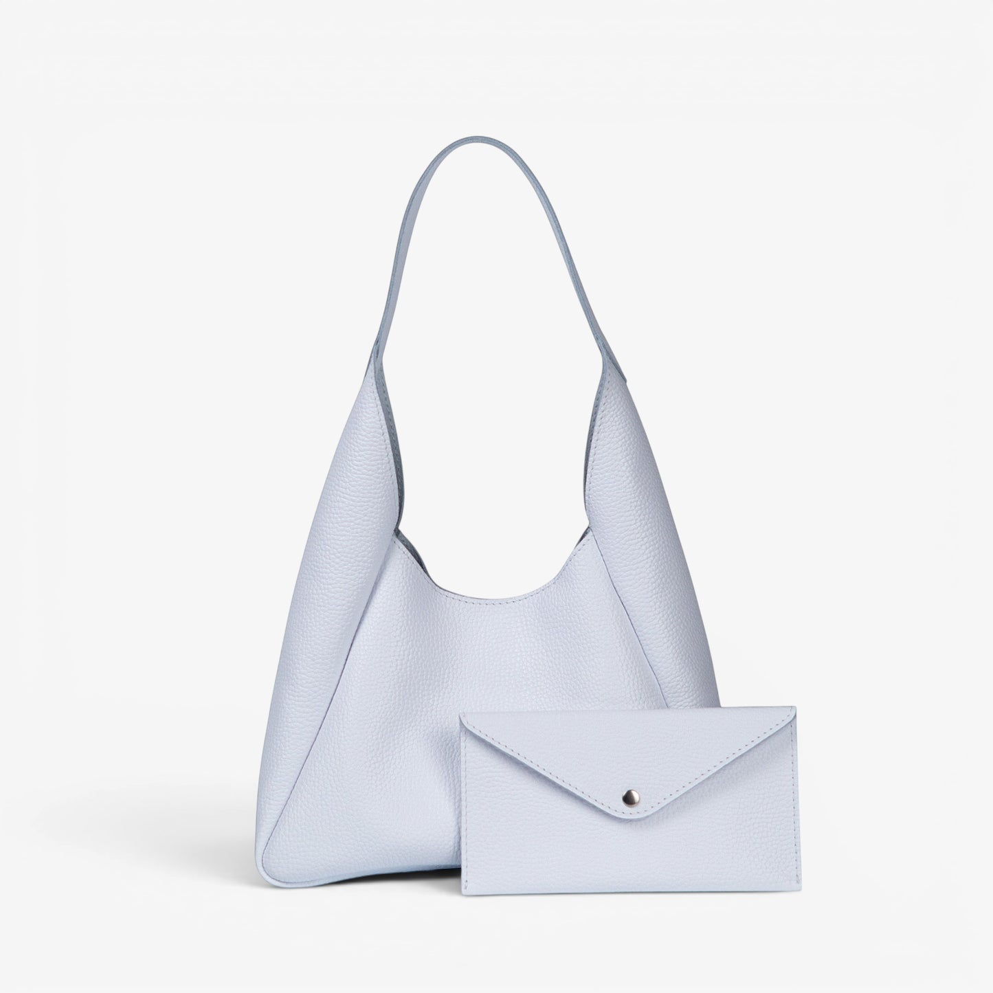 Pache light blue pebbled leather hobo bag with matching envelope wallet, magnetic closure, everyday style.